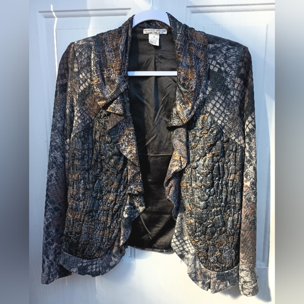 ALBERTO MAKALI Crop Snake Print Mixed Media Ruffle Jacket Blazer Women Medium